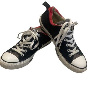 CONVERSE ALL STAR Men’s Low Top Black White & Red Canvas Sneakers Shoes Size 7.5